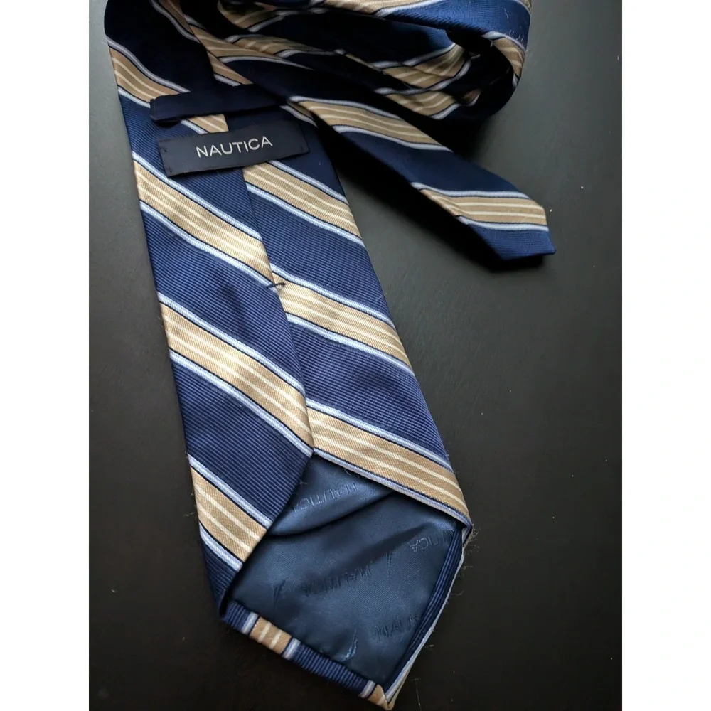 Nautica Silk‎ Tie Necktie Navy Blue Beige 59